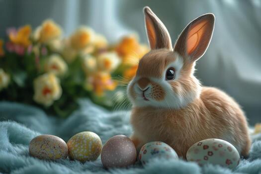 decorativo primavera escena presentando un linda Conejo con Pascua de Resurrección huevos y flores foto