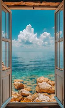 Vibrant View of Calm Ocean Through Open Window in Coastal Setting on a Sunny Day photo
