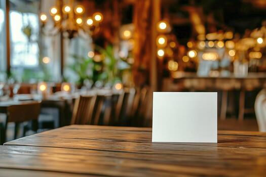 Blank Card Placed on a Rustic Wooden Table in a Warm, Inviting Cafe During Daytime. photo