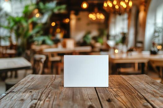 Blank Card Placed on a Rustic Wooden Table in a Warm, Inviting Cafe During Daytime photo