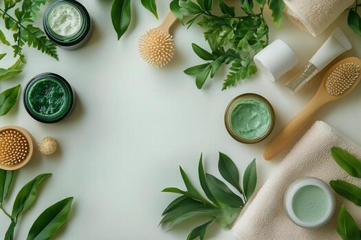 Natural Beauty Products Arranged on a White Surface With Greenery for a Refreshing Skincare Routine photo