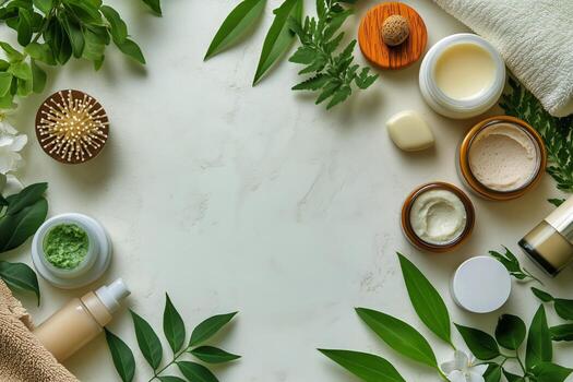 Natural Beauty Products Arranged on a White Surface With Greenery for a Refreshing Skincare Routine. photo
