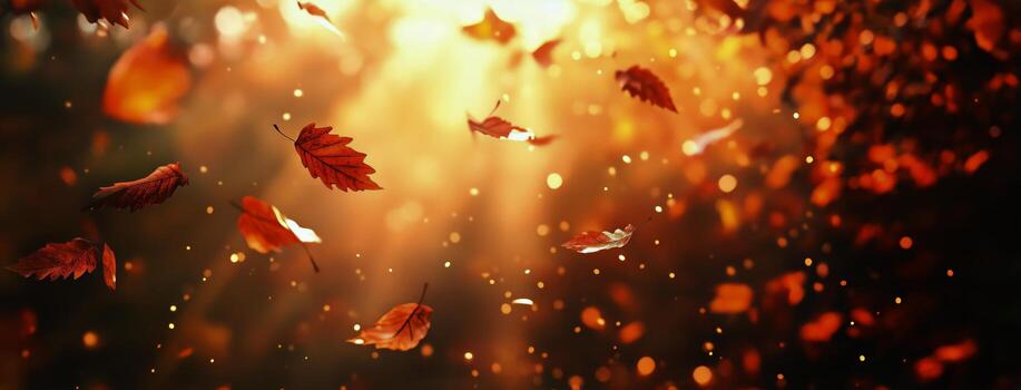 Autumn Leaves Falling Softly With Golden Sunlight Filtering Through Trees photo