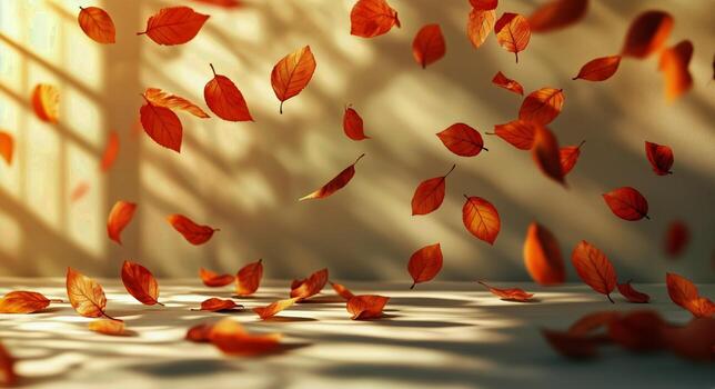 Autumn Leaves Dancing in Sunlight Creating a Warm and Tranquil Atmosphere Indoors photo