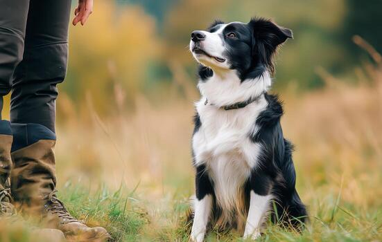 Border Collie Sits Attentively Beside Handler in Sunny Autumn Field With Lush Grass photo