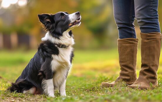 Border Collie Sits Attentively Beside Handler in Sunny Autumn Field With Lush Grass. photo