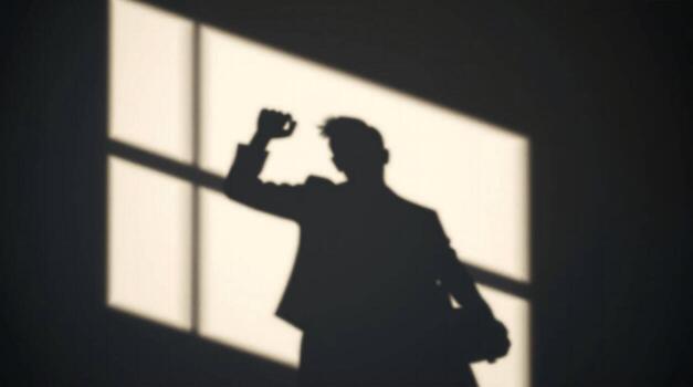 Man's triumphant shadow emerges from darkness, fist raised in victory against a backdrop of sunlight streaming through a window, symbolizing success and achievement.AI Generate photo