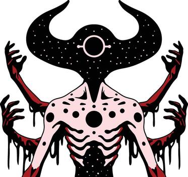 Cosmic Entity A Dark, Surreal Being with Horns and Extended Arms vector