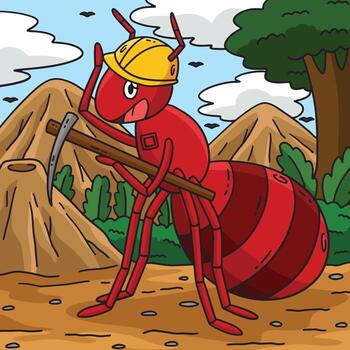 Cartoon ant with pickaxe and helmet vector
