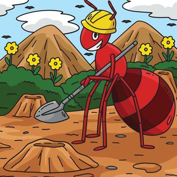 Cartoon ant with shovel and hard hat vector