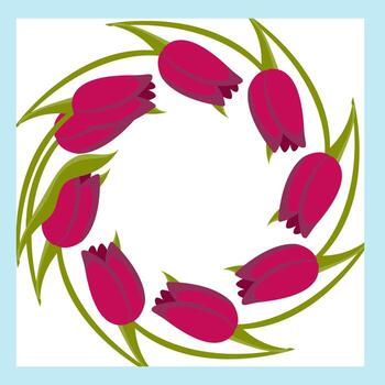 Frame with a circular pattern of red tulips. illustration isolated on a blue background. vector