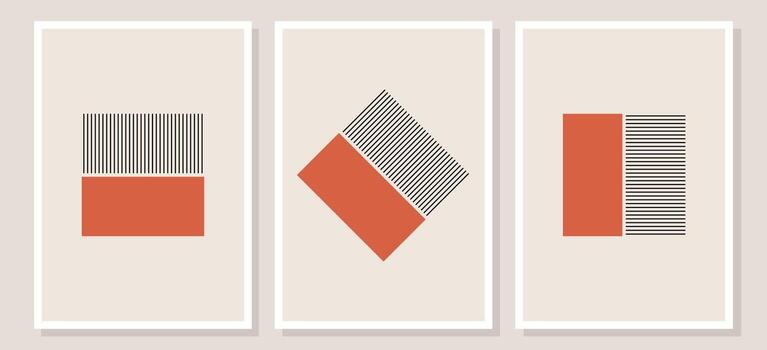 Decorative Illustrations, geometric design posters, template with primitive shapes elements, modern hipster style, Three minimalist posters feature geometric designs using primitive shapes. vector