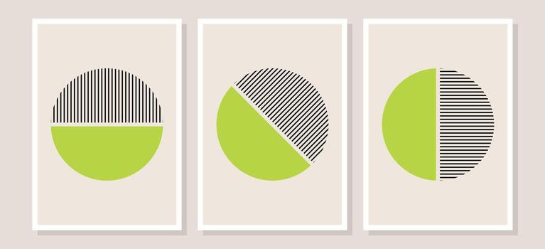 Decorative Illustrations, geometric design posters, template with primitive shapes elements, modern hipster style, Three illustrations display a circular motif divided into contrasting sections. vector