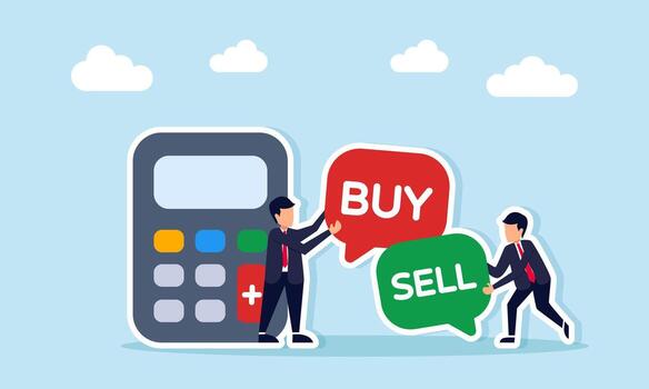 Businessman holding chat dialog with BUY and another with SELL standing near calculator illustration of risk calculation in trading vector