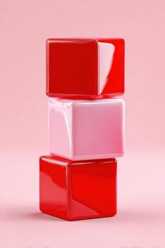 Stack of glossy and matte red and pink cubes creating a vertical structure on pink background photo