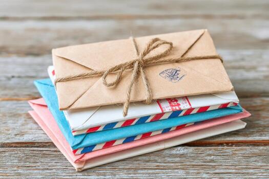 Stack of colorful airmail envelopes tied with string sitting on wooden table photo