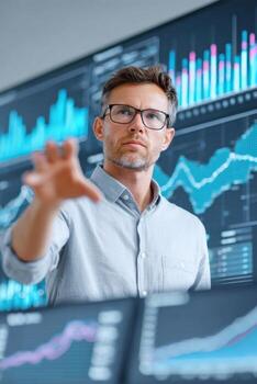 Financial analyst presenting interactive financial data analysis dashboard showing graphs and charts photo