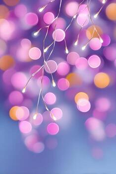 Decorative string lights creating a magical bokeh effect on a purple background photo