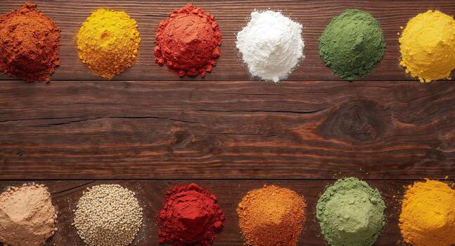 Chromatic Powders on Textured Surface. A Visual Composition of Color and Form. photo