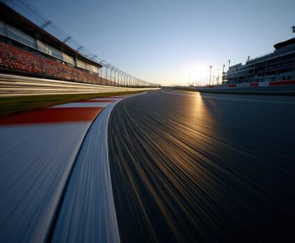 A racing track at sunset with the sun setting photo