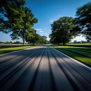 A blurry image of a road with trees and grass photo