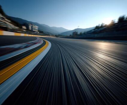 A blurry image of a racing track with a mountain in the background photo