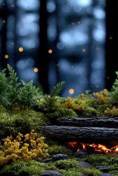 un fuego en el bosque con un Iniciar sesión y musgo foto