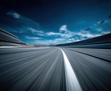 A blurry image of a racing track with a blue sky photo