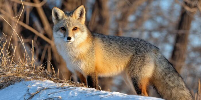 A fox stands in the snow near trees photo