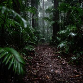 A path through the rainforest in the middle of the night photo