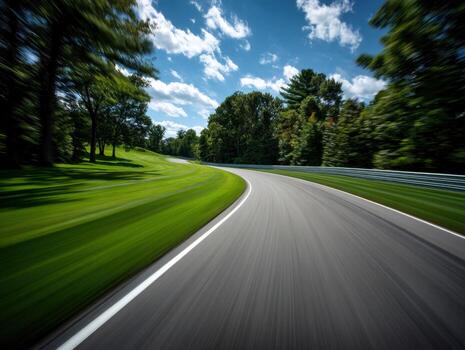 A blurry image of a winding road with trees and grass photo
