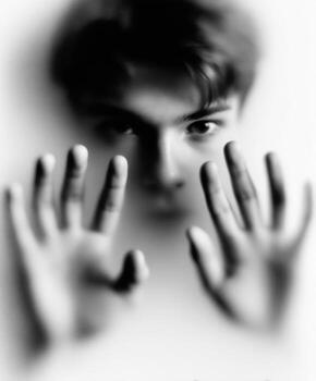 The cover of the book is a black and white photo of a man with his hands up