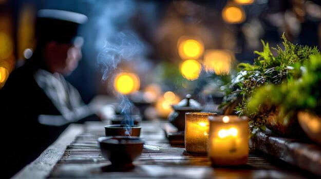 A man in a black hat is sitting at a table with candles photo
