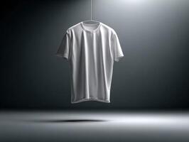 blanco t - camisa colgando en un percha en un oscuro habitación foto