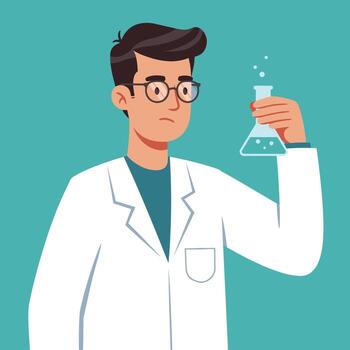 A professional illustration of a scientist holding a flask, surrounded by laboratory elements, suggesting a research or experimental atmosphere. vector