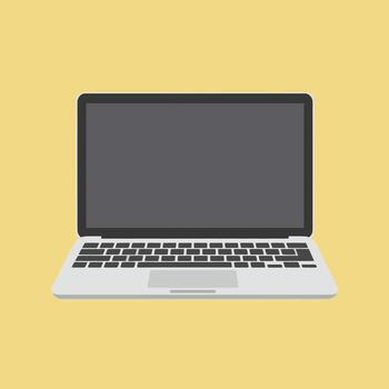 A simple and clean illustration of a laptop, featuring a silver design on a warm yellow background. The laptop screen is blank, giving it a versatile look for various uses. vector