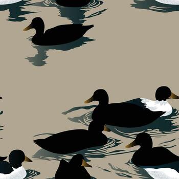Seamless pattern of ducks floating on calm water, with stylized ripples and flat silhouettes in black and white. Minimal nature-inspired surface design. vector
