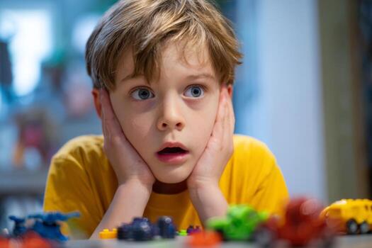 A young boy sits with hands on his cheeks, displaying a look of surprise while watching bright toy cars arranged in front of him. The indoor space is inviting and playful photo
