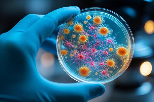 A hand covered with a glove holds a petri dish featuring a vibrant culture of microorganisms. The colorful display includes yellow and pink forms under soft laboratory lighting photo