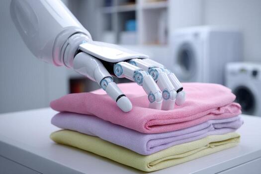 A robotic hand is skillfully folding neatly stacked towels in a laundry room. Soft pastel colors accentuate the setting, showcasing advanced technology photo