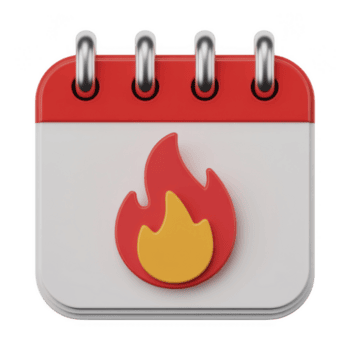 un' 3d rendere di un' calendario icona con un' fuoco simbolo, che rappresentano caldo eventi e importante date, isolato su trasparente sfondo png