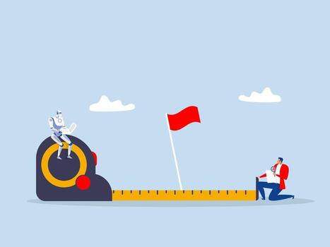 businessman using measuring tape to measure and analyze distance from target flag.success measurement how far from business goal and growth analysis vector