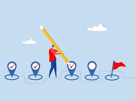 Checklist to remind project progress ,Businessman project manager holding big pencil to check completed tasks in project management timeline. vector