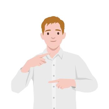 hombre en un blanco camisa haciendo un señalando mano gesto, dirección, instrucción, o comunicación. vector