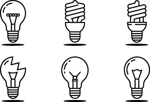 illustration set featuring various styles of light bulbs in a modern minimalistic outline design vector