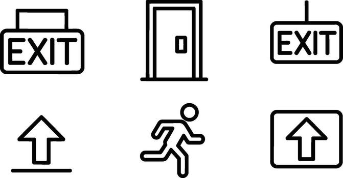 Set of black and white exit icons representing escape routes, emergency exits, and directional guidance for safe navigation vector