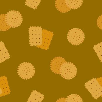 Seamless pattern featuring hand drawn square and round crackers scattered across a color background. Tasty bakery inspired design. vector
