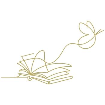Open book with golden butterfly in continuous line drawing vector
