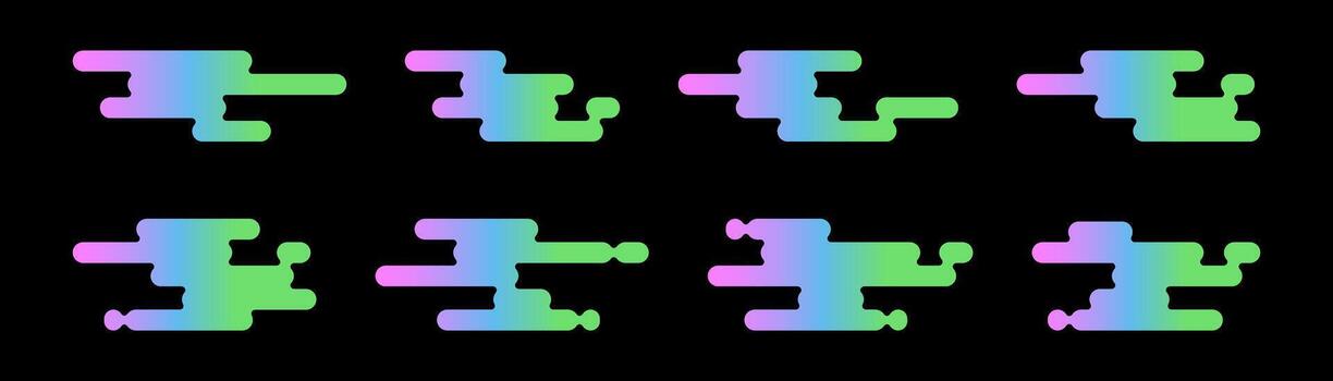 The composition shows eight abstract shapes that appear like paint splatters. They feature a gradient of pink, blue, and green hues. Japanese cloud motif. vector