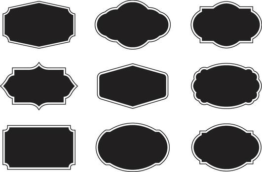 A set of nine blank, decorative labels in various shapes, featuring ornate borders. vector
